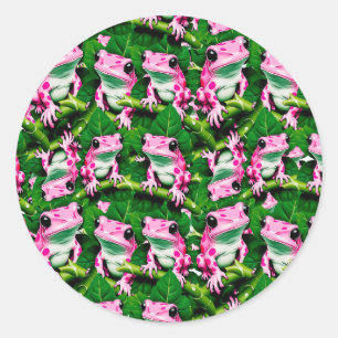 Pink Frog On Green Leaf Pattern Design  Classic Round Sticker