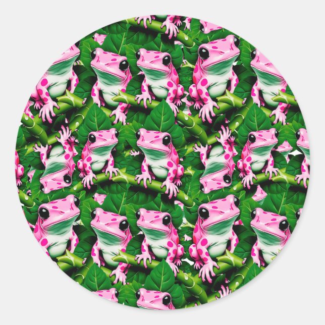 Pink Frog On Green Leaf Pattern Design  Classic Round Sticker (Front)