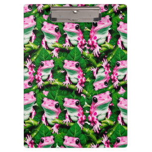 Pink Frog On Green Leaf Pattern Design Clipboard