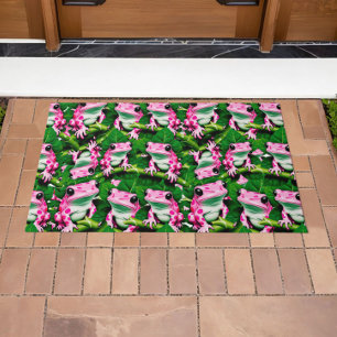 Pink Frog On Green Leaf Pattern Design Doormat