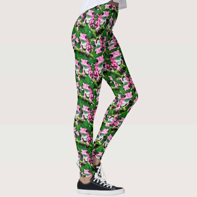 Pink Frog On Green Leaf Pattern Design  Leggings (Creator Uploaded)
