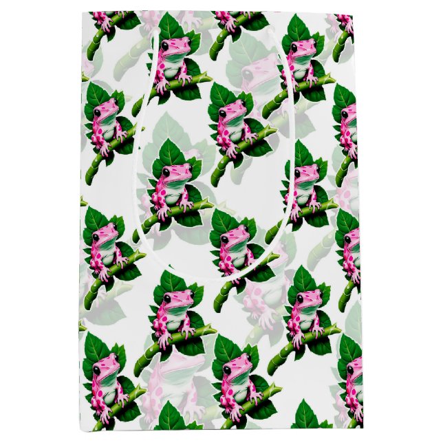 Pink Frog On Green Leaf Pattern Design Medium Gift Bag (Front)