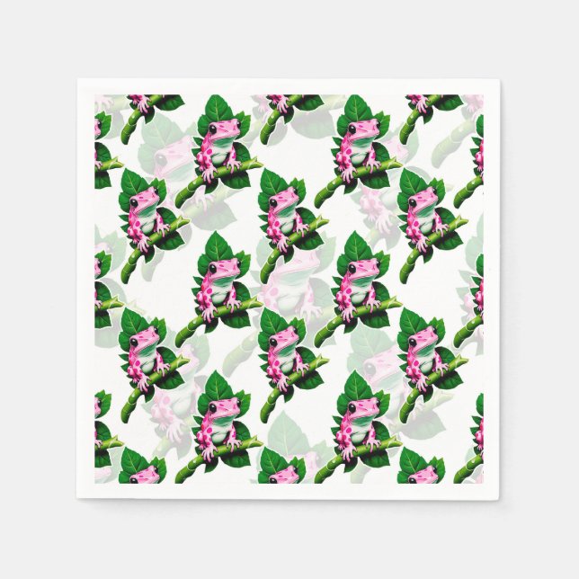 Pink Frog On Green Leaf Pattern Design Napkin (Front)
