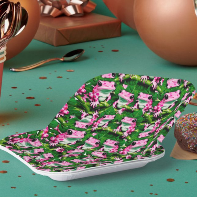 Pink Frog On Green Leaf Pattern Design  Paper Plate (Creator Uploaded)