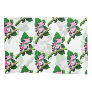 Pink Frog On Green Leaf Pattern Design Pillowcase