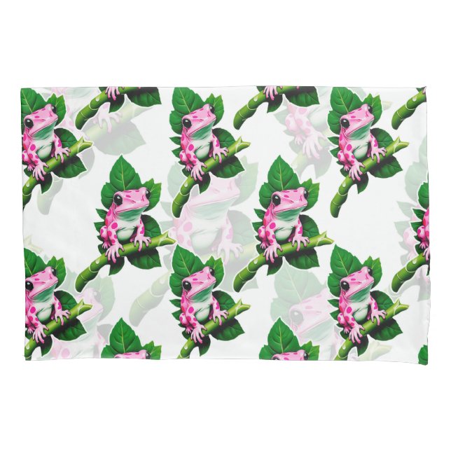 Pink Frog On Green Leaf Pattern Design Pillowcase (Front)