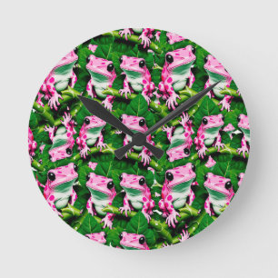 Pink Frog On Green Leaf Pattern Design  Round Clock