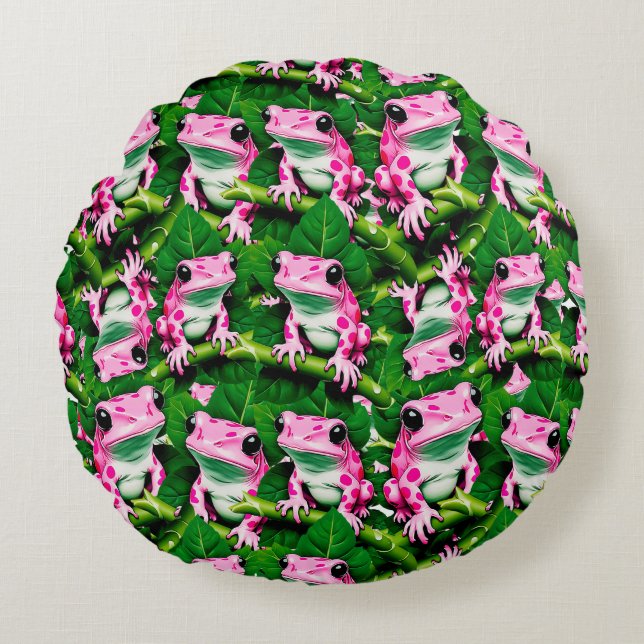 Pink Frog On Green Leaf Pattern Design  Round Cushion (Front)
