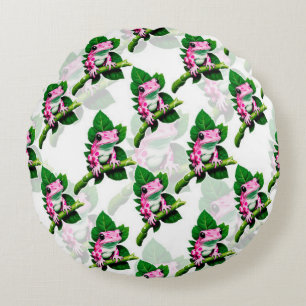 Pink Frog On Green Leaf Pattern Design Round Cushion