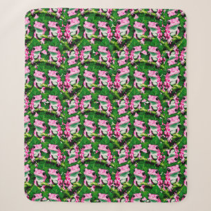 Pink Frog On Green Leaf Pattern Design Sherpa Blanket