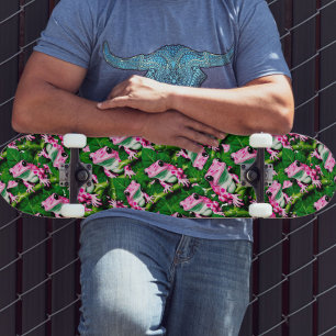 Pink Frog On Green Leaf Pattern Design  Skateboard