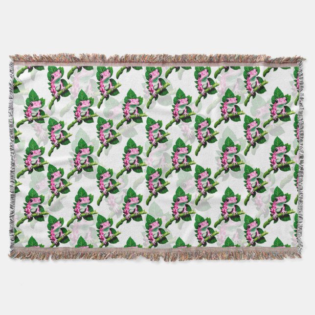 Pink Frog On Green Leaf Pattern Design Throw Blanket (Front)