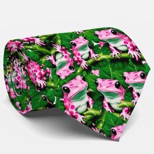 Pink Frog On Green Leaf Pattern Design Tie