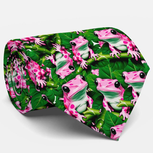 Pink Frog On Green Leaf Pattern Design  Tie (Creator Uploaded)