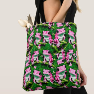 Pink Frog On Green Leaf Pattern Design Tote Bag
