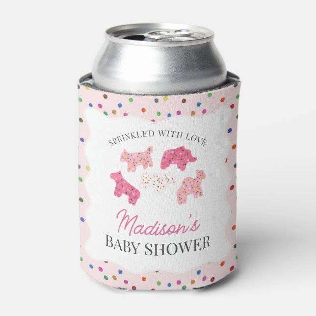 Pink Frosted Animal Cookies Baby Shower Can Cooler (Can Front)