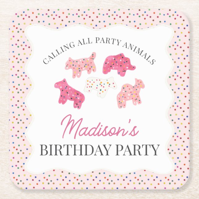 Pink Frosted Animal Cookies Birthday Party Square Paper Coaster (Front)
