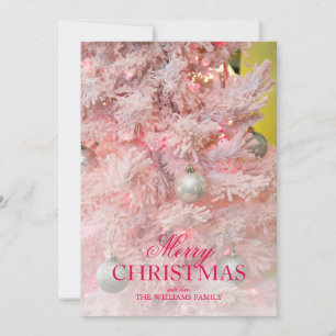 Pink frosted Christmas tree with gold ornaments Holiday Card
