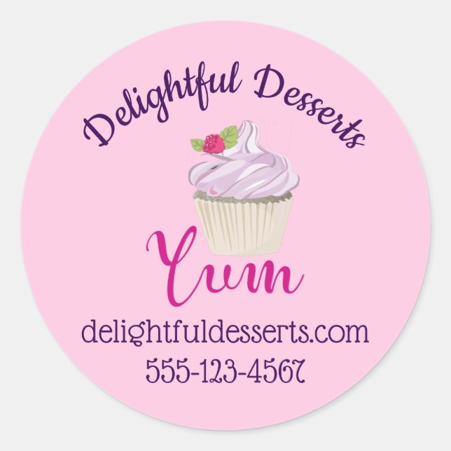 Pink Frosted Cupcake Yum! Business Classic Round Sticker (Front)