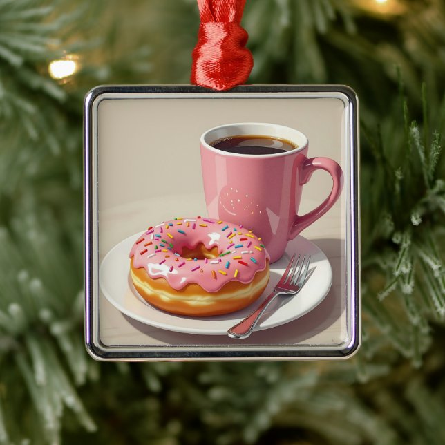 Pink Frosted Doughnut and Coffee Christmas Metal Ornament (Tree)