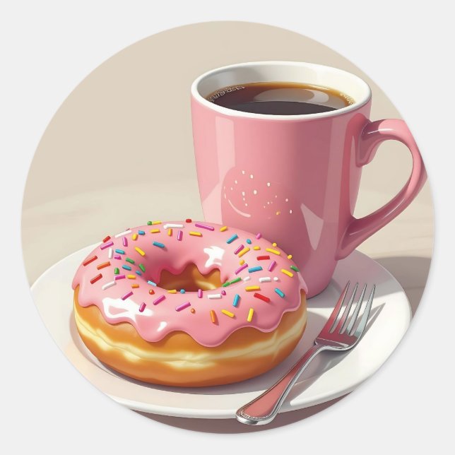 Pink Frosted Doughnut and Coffee  Classic Round Sticker (Front)