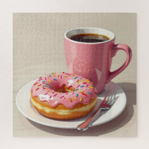 Pink Frosted Doughnut and Coffee  Jigsaw Puzzle