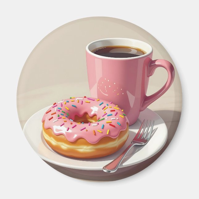 Pink Frosted Doughnut and Coffee  Magnet (Front)