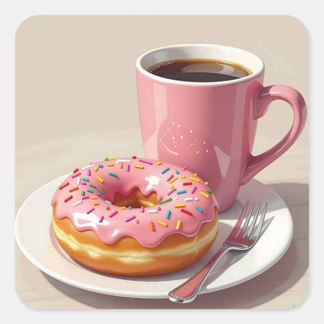 Pink Frosted Doughnut and Coffee  Square Sticker (Front)
