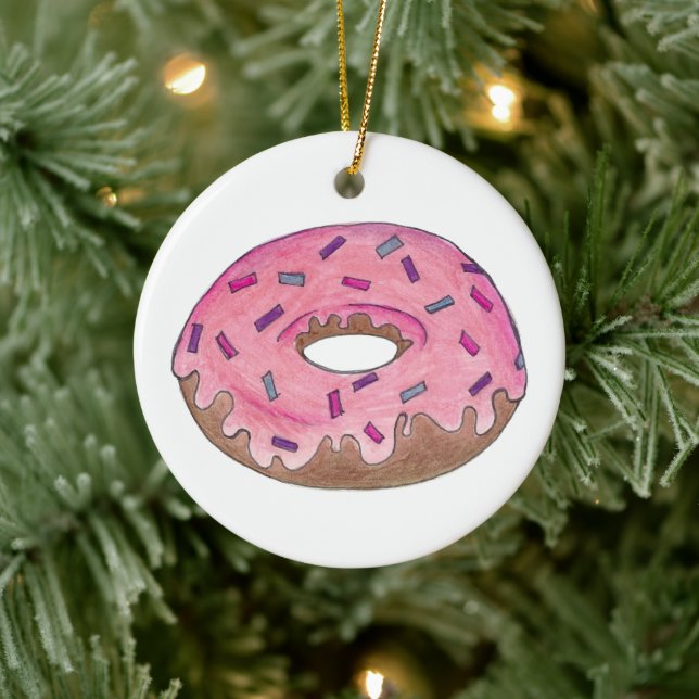 Pink Frosted Doughnut Doughnut Sprinkles Junk Food Ceramic Ornament (Tree)