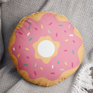 Pink Frosted Sprinkles Doughnut Round Cushion
