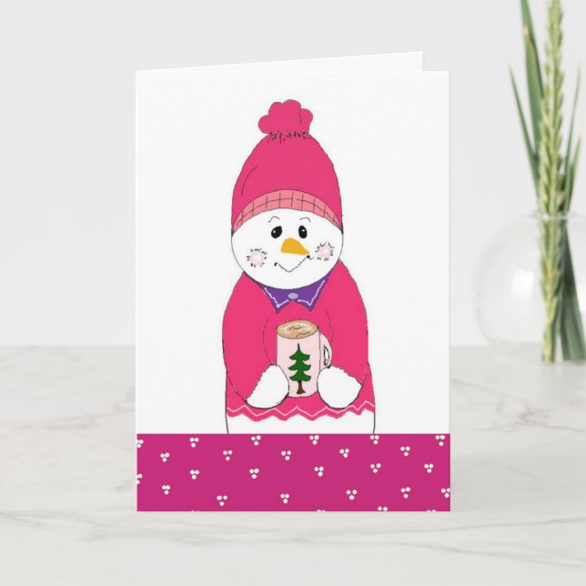 Pink Frosty Snowman with Hot Chocolate Holiday Card (Front)