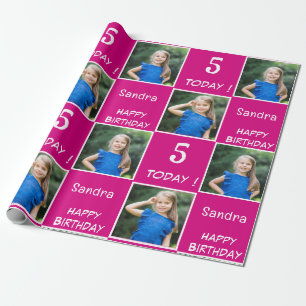 Pink Fuchsia 2 Photo Custom Happy Birthday Girl Wrapping Paper