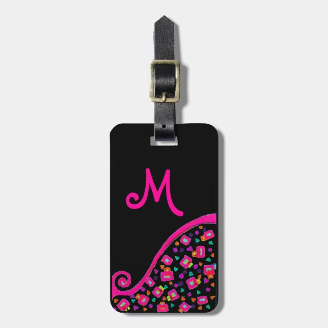 PINK FUCHSIA BLACK ABSTRACT DECO MONOGRAM LUGGAGE TAG (Front Vertical)