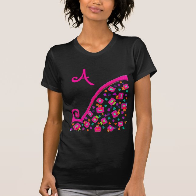 PINK FUCHSIA BLACK ABSTRACT DECO MONOGRAM T-Shirt (Front)