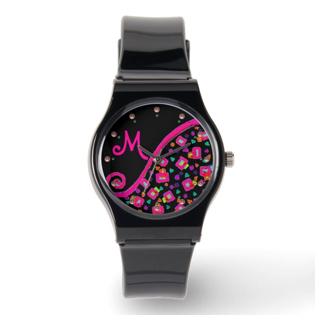 PINK FUCHSIA BLACK ABSTRACT DECO MONOGRAM WATCH (Front)