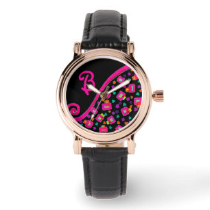 PINK FUCHSIA BLACK ABSTRACT DECO MONOGRAM WATCH