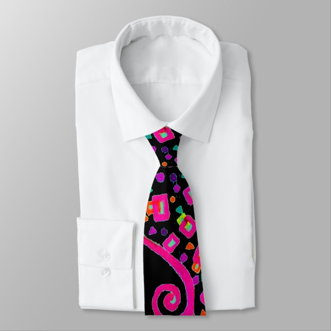 PINK FUCHSIA BLACK ABSTRACT DECO TIE (Tied)