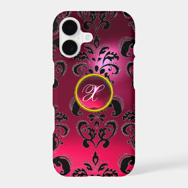 PINK FUCHSIA BLACK DAMASK GEMSTONE MONOGRAM (Back)