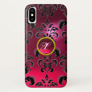 PINK FUCHSIA BLACK DAMASK GEMSTONE MONOGRAM iPhone X CASE
