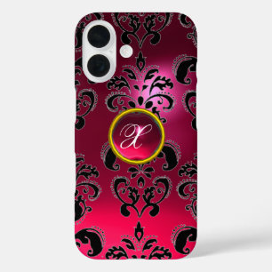 PINK FUCHSIA BLACK DAMASK GEMSTONE MONOGRAM iPhone 16 CASE