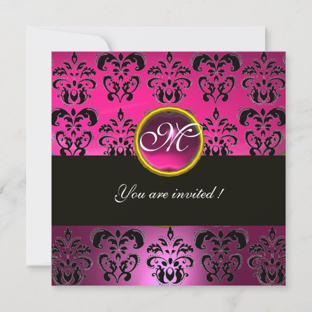 PINK FUCHSIA BLACK DAMASK MONOGRAM, amethyst Invitation (Front)