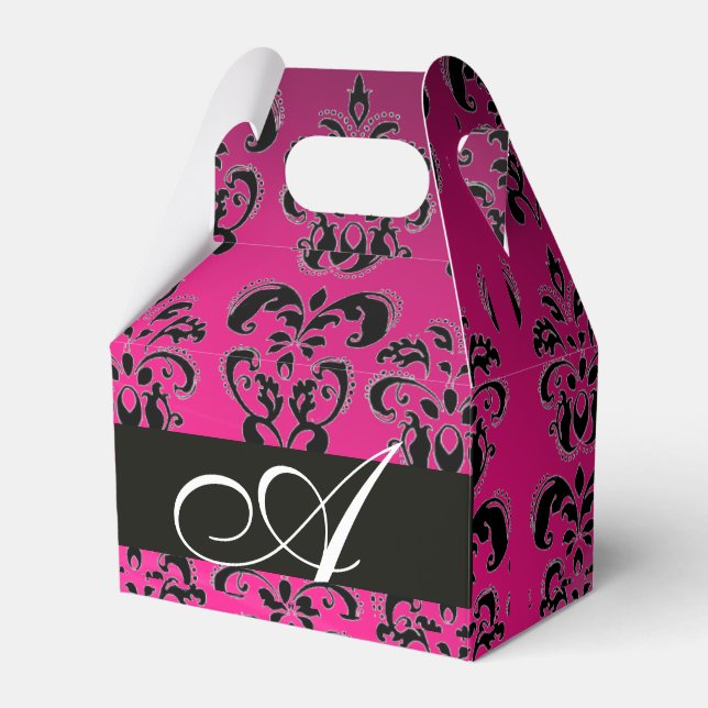 PINK, FUCHSIA BLACK,PURPLE DAMASK WHITE MONOGRAM FAVOUR BOX (Front Side)