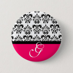 PINK FUCHSIA BLACK WHITE DAMASK WEDDING MONOGRAM 6 CM ROUND BADGE