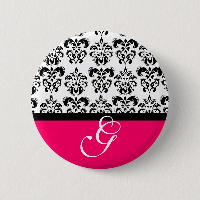 PINK FUCHSIA BLACK WHITE DAMASK WEDDING MONOGRAM 6 CM ROUND BADGE (Front)