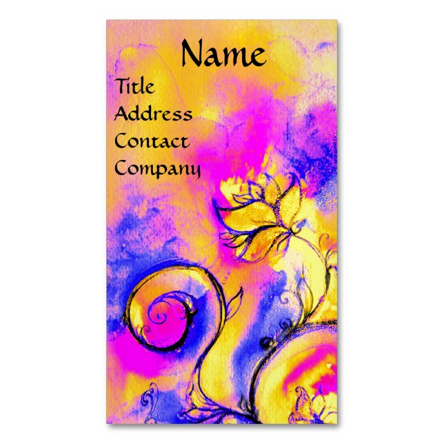 PINK FUCHSIA BLUE YELLOW WHIMSICAL FLOWERS 	Magnetic BUSINESS CARD (Front Vertical)