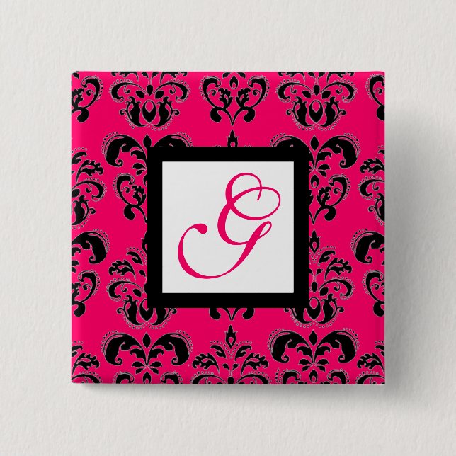 PINK FUCHSIA DAMASK WHITE SQUARE MONOGRAM 15 CM SQUARE BADGE (Front)