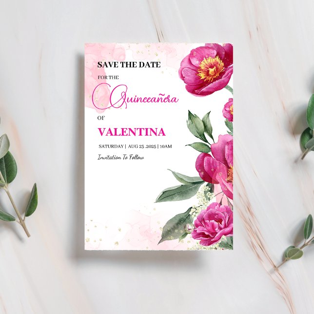 Pink Fuchsia Floral Gold Watercolor Quinceañera Save The Date (Creator Uploaded)