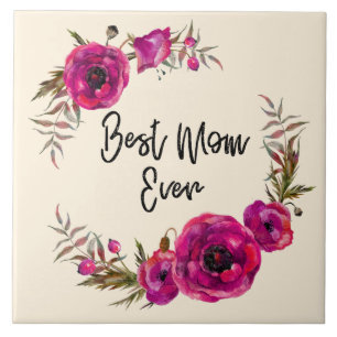 Pink Fuchsia Floral Poppies Wreath Best Mum Ever Ceramic Tile