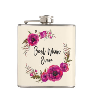 Pink Fuchsia Floral Poppies Wreath Best Mum Ever Hip Flask