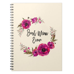 Pink Fuchsia Floral Poppies Wreath  Best Mum Ever Notebook